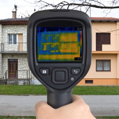 Na zdjęciu widać pomiary kamerą termowizyjną dwóch budynków.