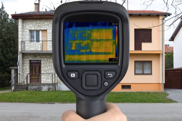 Na zdjęciu widać pomiary kamerą termowizyjną dwóch budynków.
