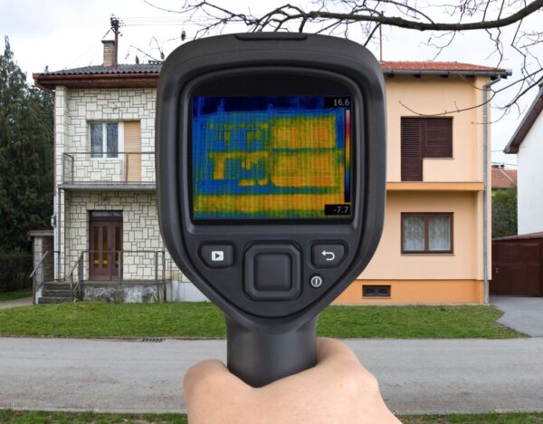 Na zdjęciu widać pomiary kamerą termowizyjną dwóch budynków.