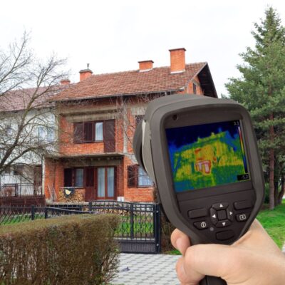 Pomiary kamerą termowizyjną ukazują rozkład temperatur w budynku.
