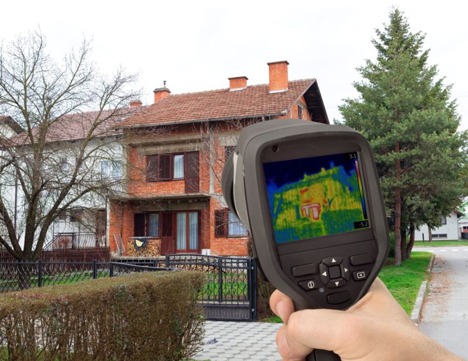 Pomiary kamerą termowizyjną ukazują rozkład temperatur w budynku.