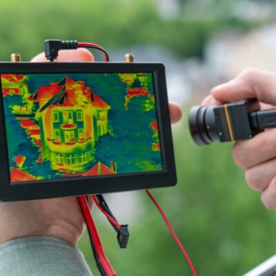 Obraz pokazuje pomiary kamerą termowizyjną budynku na ekranie urządzenia.