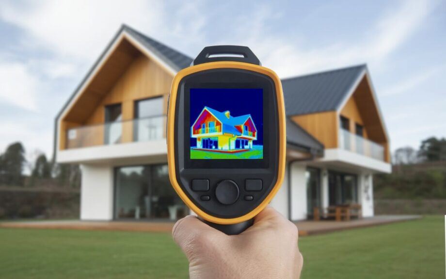 Pomiary kamerą termowizyjną domu pokazują różnice temperatur na jego powierzchni.