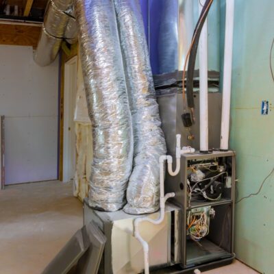 System wentylacyjny z rekuperacją w pomieszczeniu technicznym.