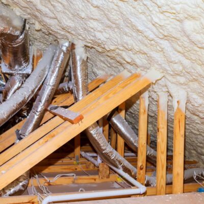 Poddasze z zainstalowanymi systemami rekuperacji i izolacją piankową.