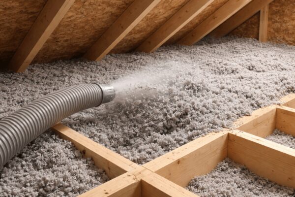 Ocieplanie celulozą na poddaszu za pomocą specjalistycznego węża.