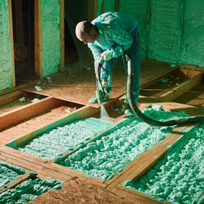 Mężczyzna wykonuje ocieplanie pianką pur na drewnianej podłodze.